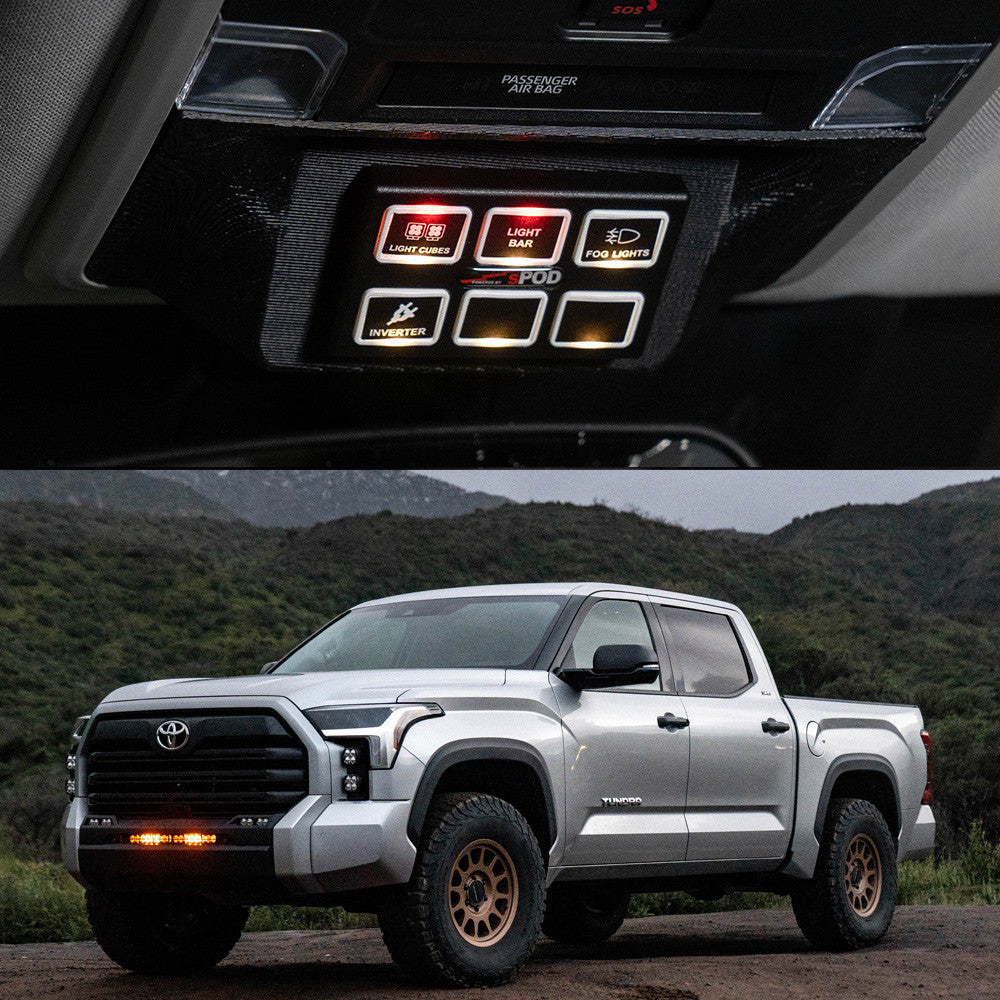 A 2022 Toyota Tundra with Mini6 switch panel kit with a sunglass holder mount from sPOD.